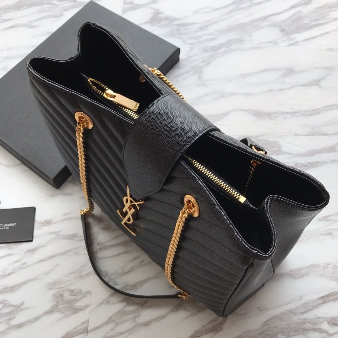 Saint Laurent Black Chevron Leather Monogram Chain Cassandre Tote