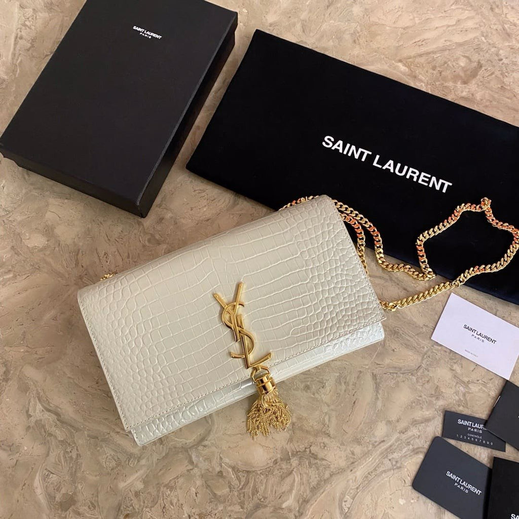 Saint Laurent KATE SMALL TASSEL IN CROCODILE-EMBOSSED LEATHER