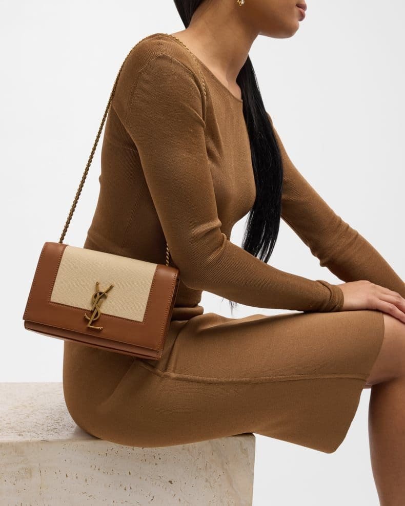 Saint Laurent Kate Small YSL Wallet on Chain in Linen and Leather