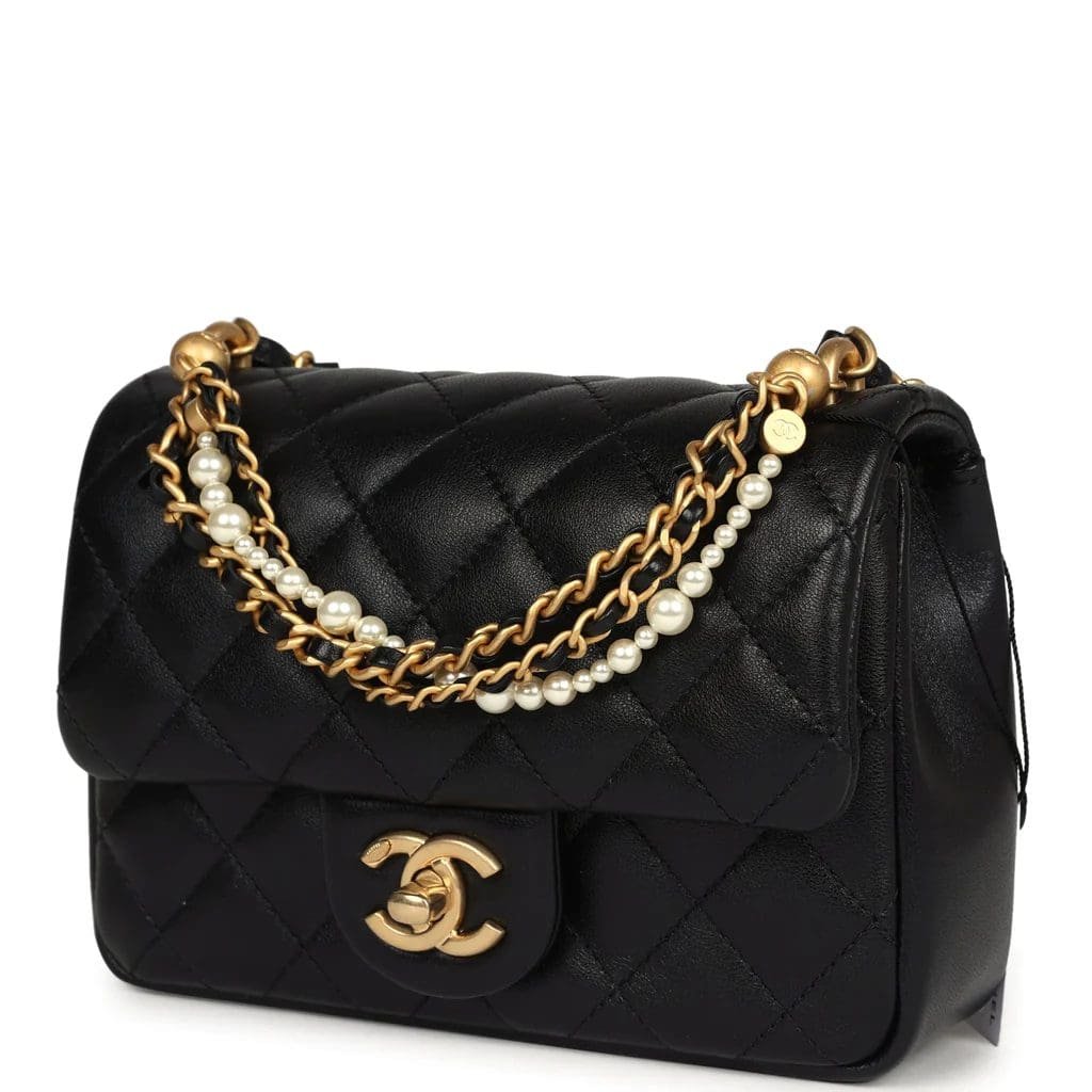 Chanel Mini Square Pearl Crush Flap Bag Black Lambskin Brushed Gold Hardware