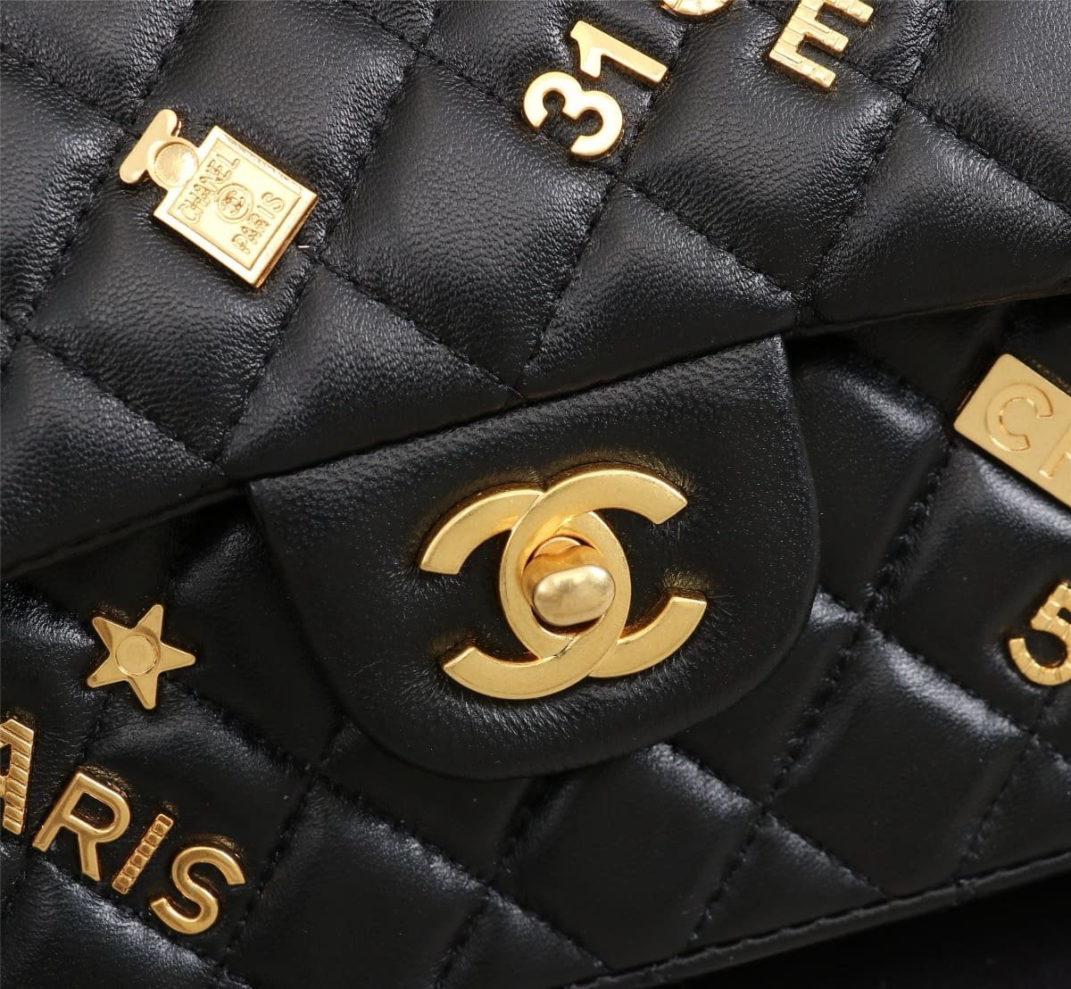 Chanel Lambskin Quilted Medium Rue Cambon Charms Double Flap Black