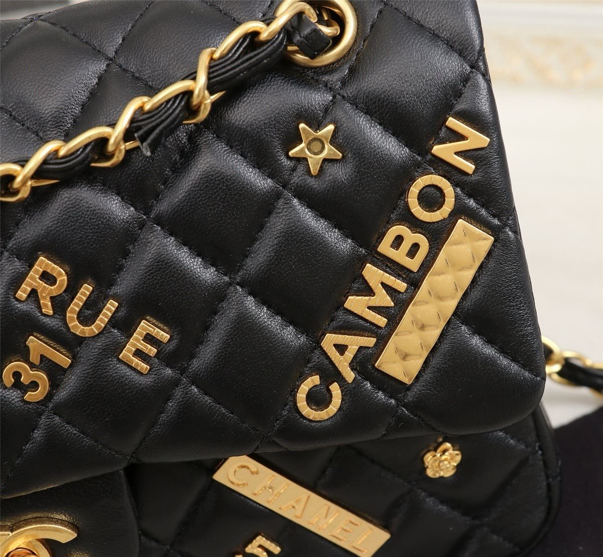 Chanel Lambskin Quilted Medium Rue Cambon Charms Double Flap Black