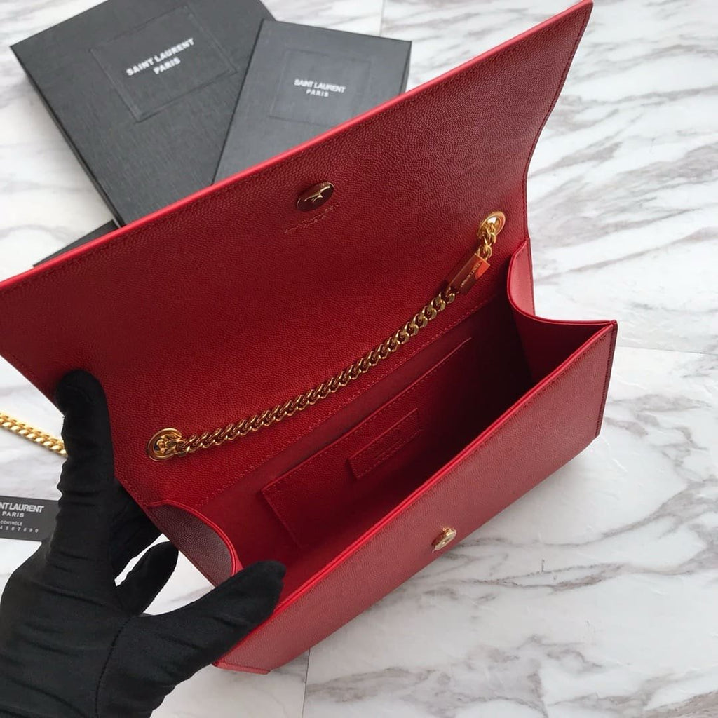 Saint Laurent Red Grained Leather Monogram Medium Kate Flap Bag