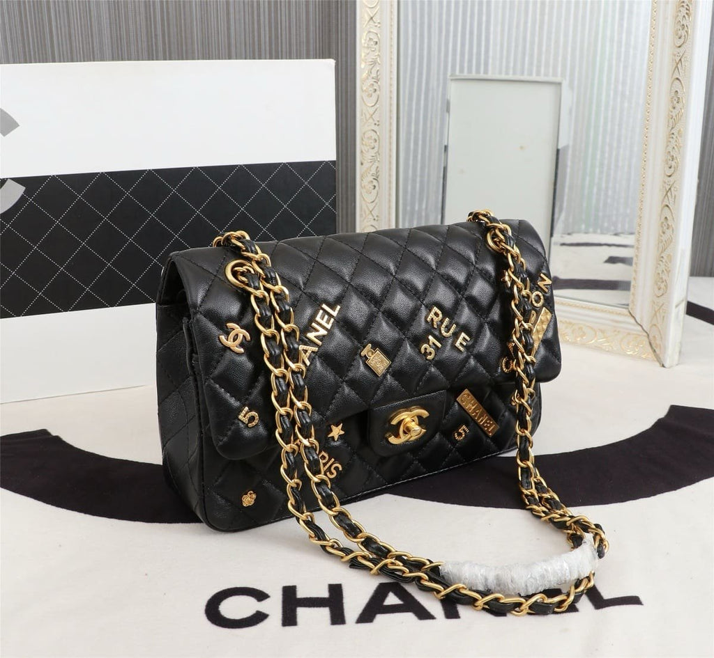 Chanel Lambskin Quilted Medium Rue Cambon Charms Double Flap Black