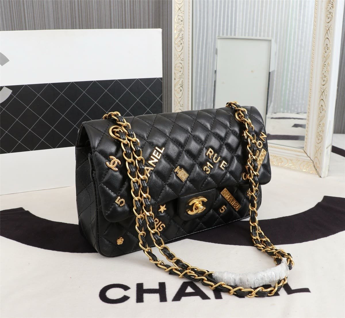 Chanel Lambskin Quilted Medium Rue Cambon Charms Double Flap Black