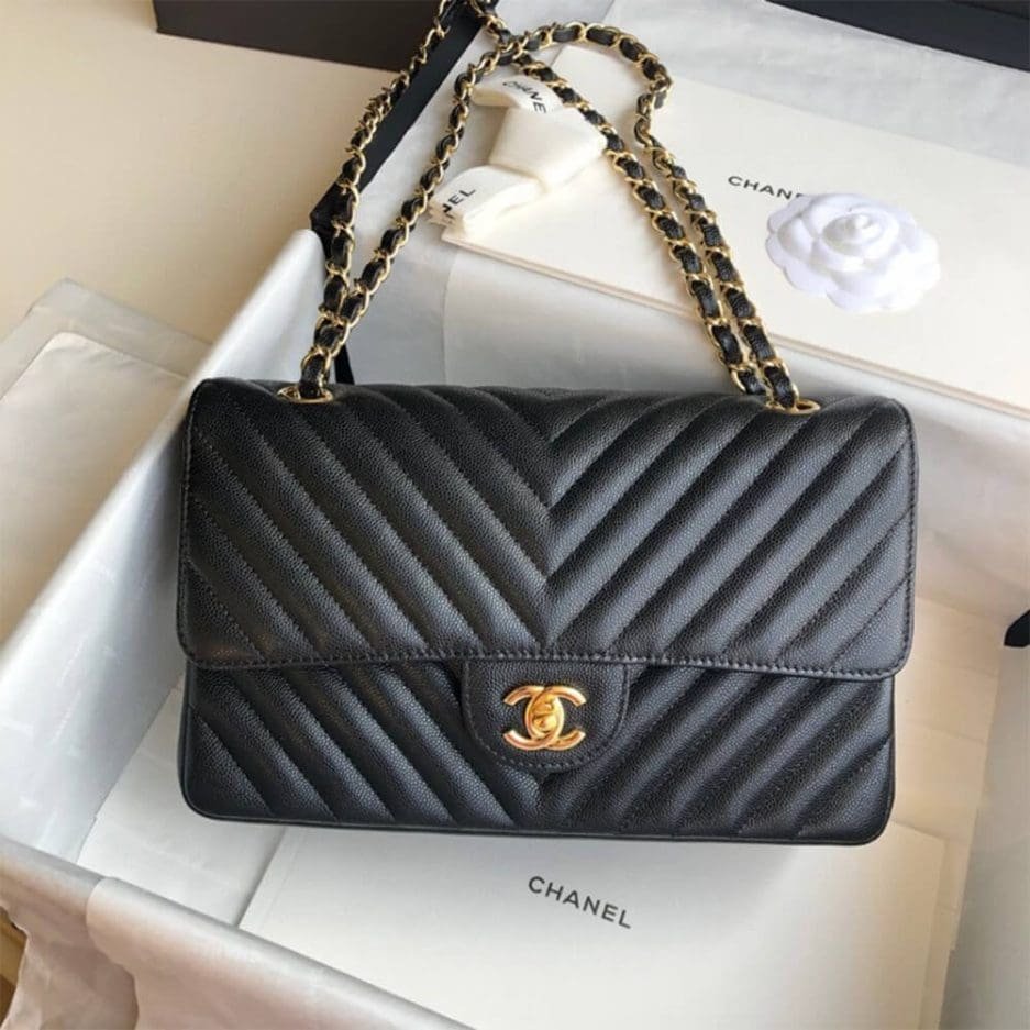 Chanel Classic Chevron Tweed Medium Flap Glod