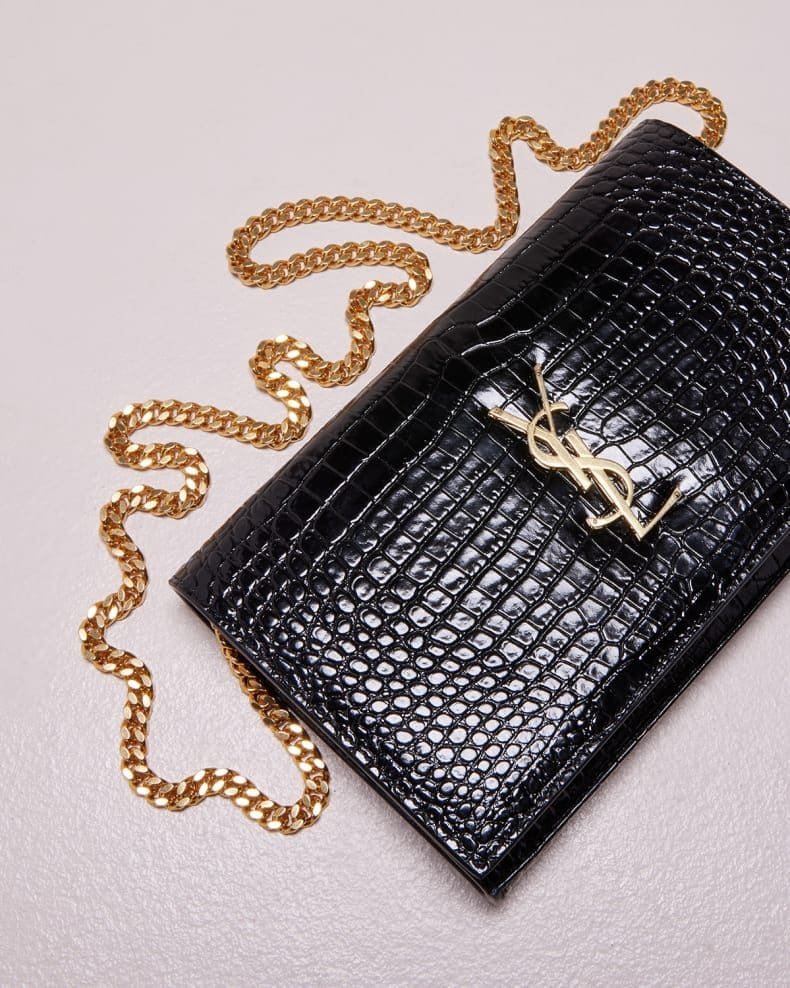 Saint Laurent Cassandra YSL Wallet on Chain in Croc Embossed Leather