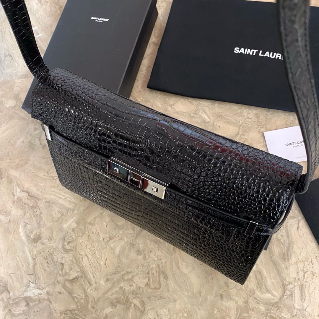 Saint Laurent Black Manhattan croc-effect shoulder bag