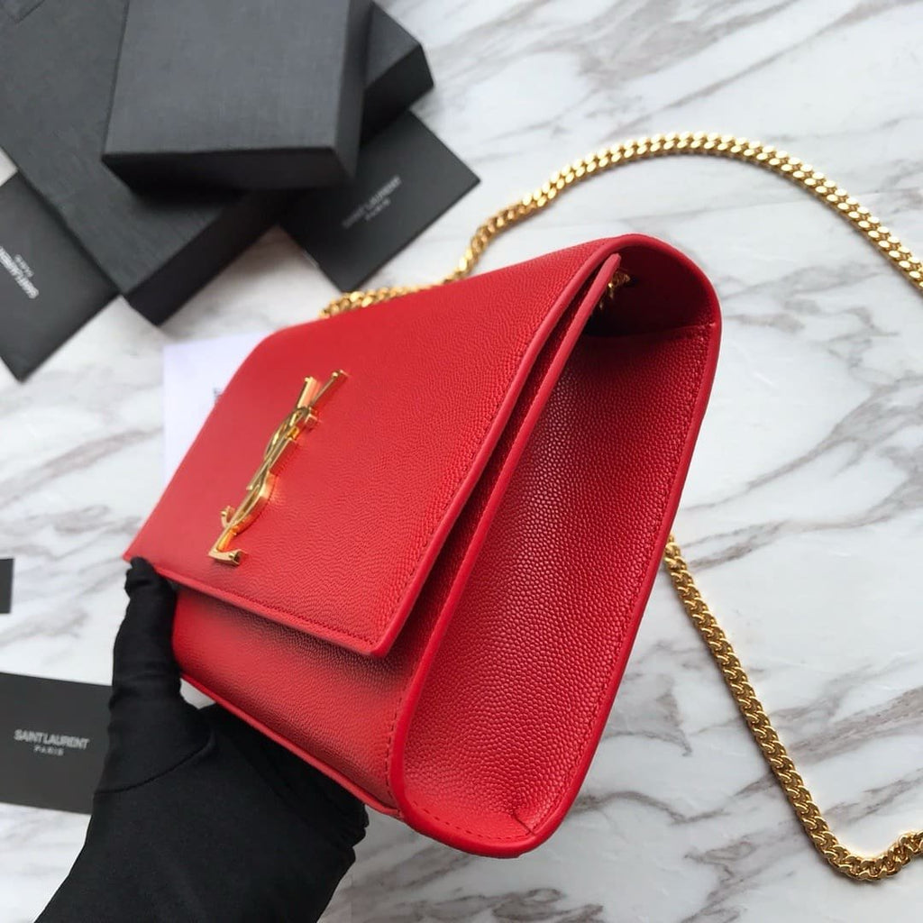 Saint Laurent Red Grained Leather Monogram Medium Kate Flap Bag