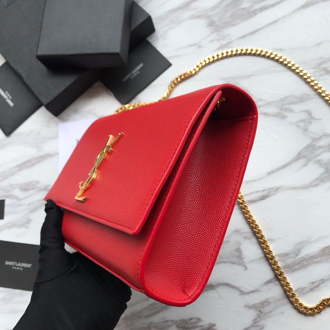 Saint Laurent Red Grained Leather Monogram Medium Kate Flap Bag