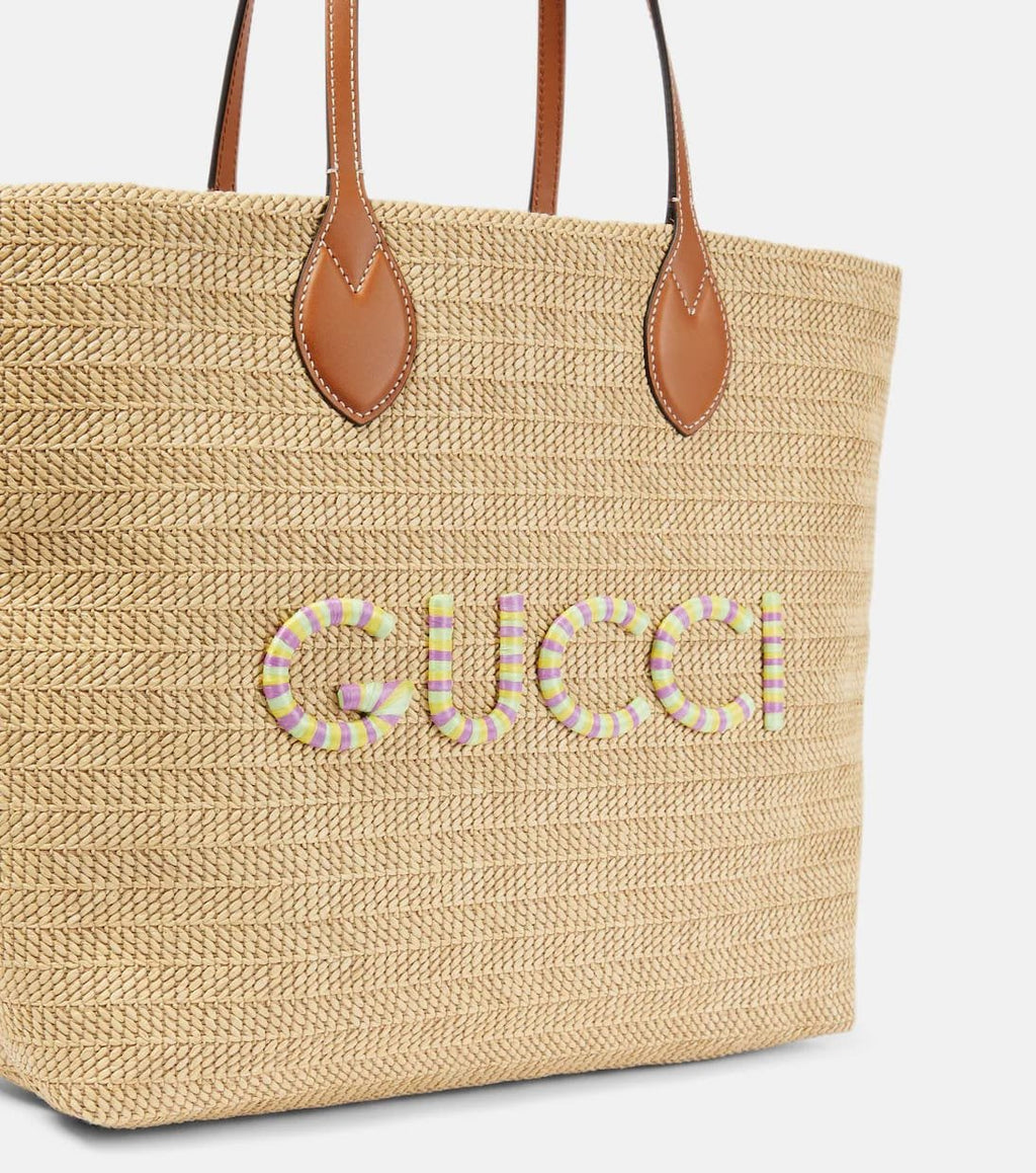 Gucci Medium logo raffia-effect tote bag