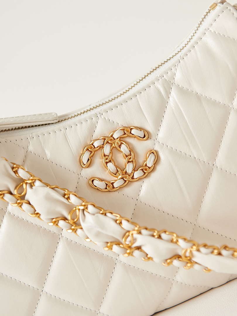 Chanel AS4422 23K Hobo Bag Lambskin Gold Metal White