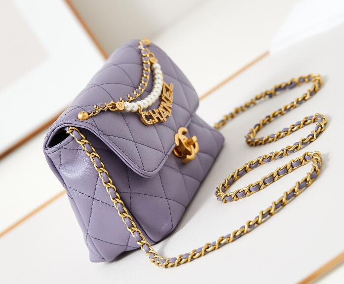 Chanel  Shiny Lambskin Quilted Mini Pearl Logo Flap Light Purple
