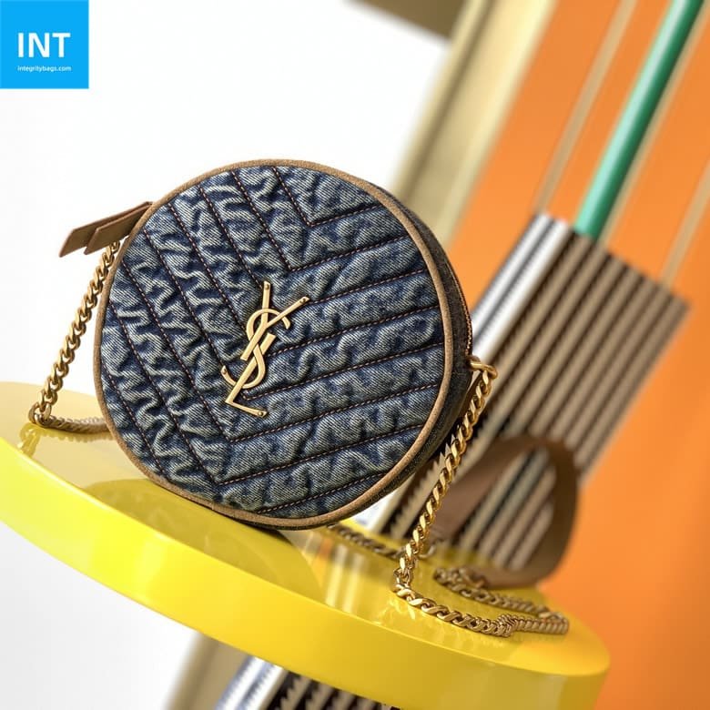 Saint Laurent Round Quilted Denim Crossbody Bag
