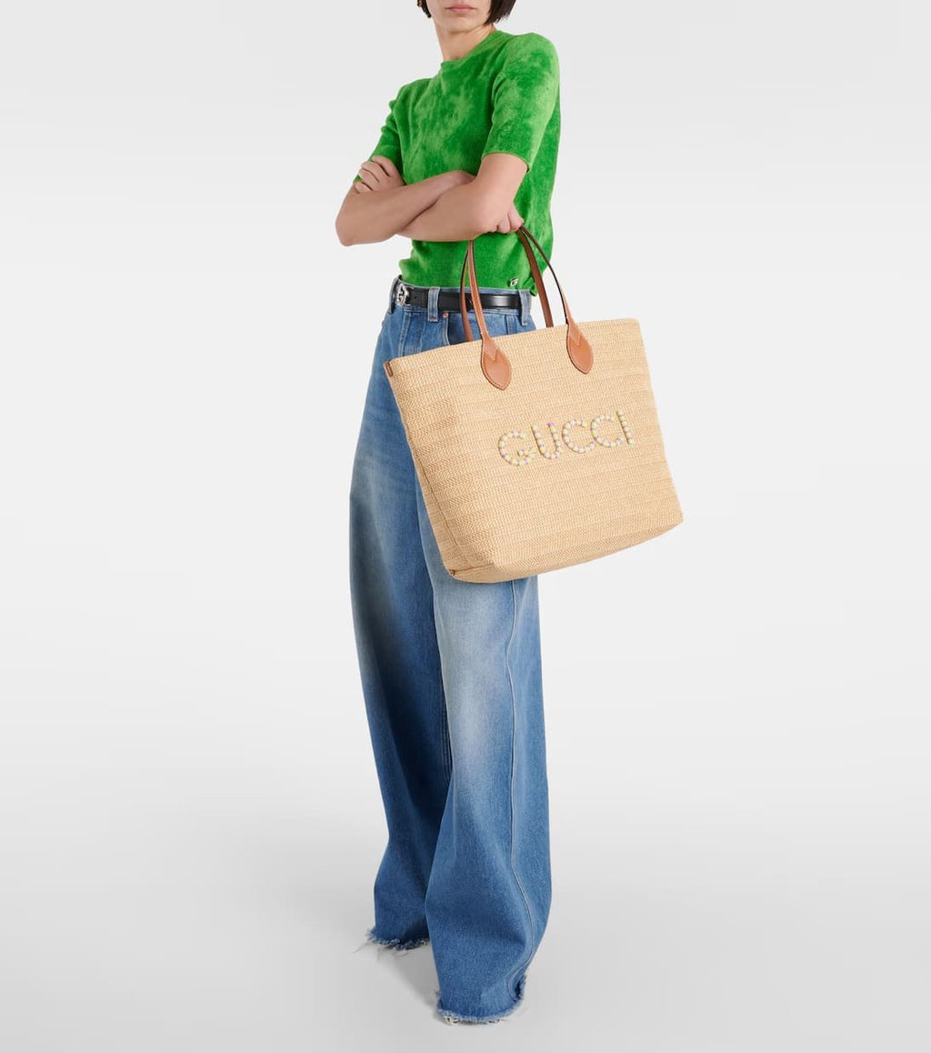 Gucci Medium logo raffia-effect tote bag