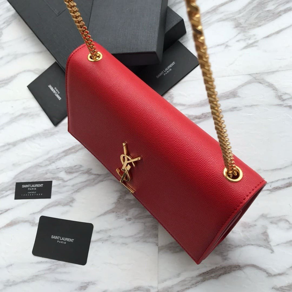 Saint Laurent Red Grained Leather Monogram Medium Kate Flap Bag