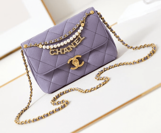 Chanel  Shiny Lambskin Quilted Mini Pearl Logo Flap Light Purple