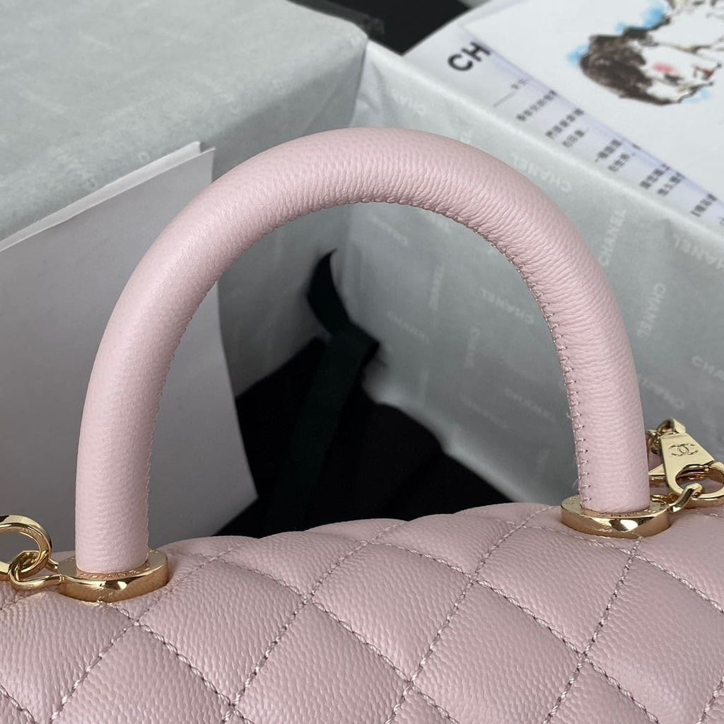 Chanel Pink Quilted Caviar Coco Top Handle Flap Bag Gold Hardware