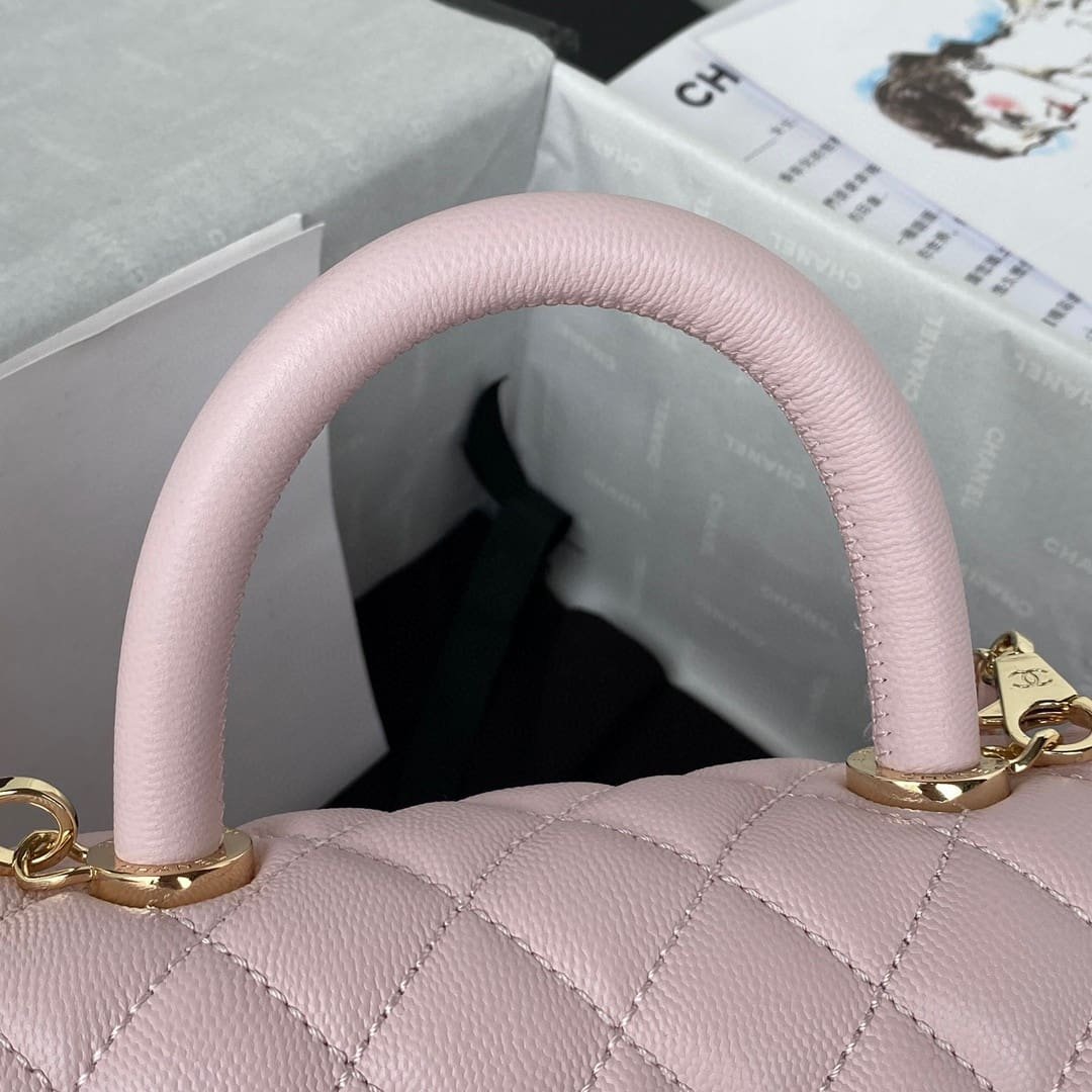 Chanel Pink Quilted Caviar Coco Top Handle Flap Bag Gold Hardware