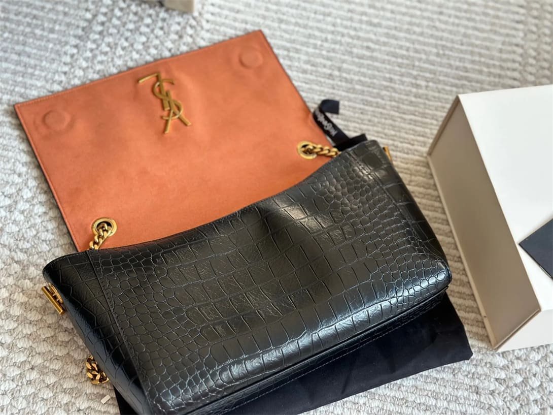 Saint Laurent Medium Double-Sided Lettering Kate Crossbody Bag in Calfskin and Crocodile-Embossed Suede