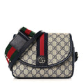 Gucci Supreme Monogram Textured Dollar Calfskin Web Studded Mini Ophidia Flap Shoulder Bag Beige Blue