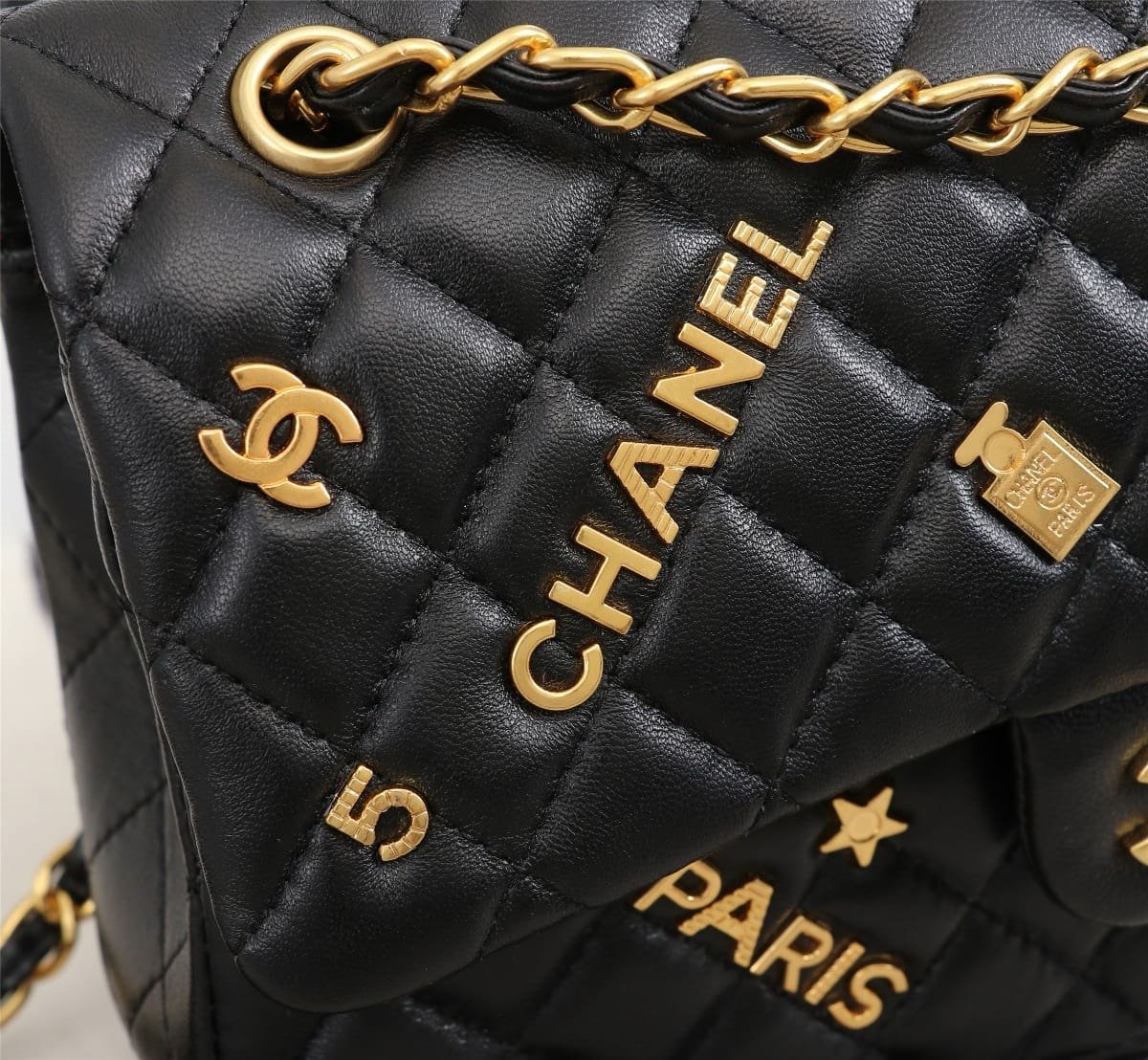 Chanel Lambskin Quilted Medium Rue Cambon Charms Double Flap Black