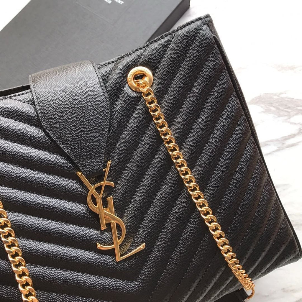Saint Laurent Black Chevron Leather Monogram Chain Cassandre Tote