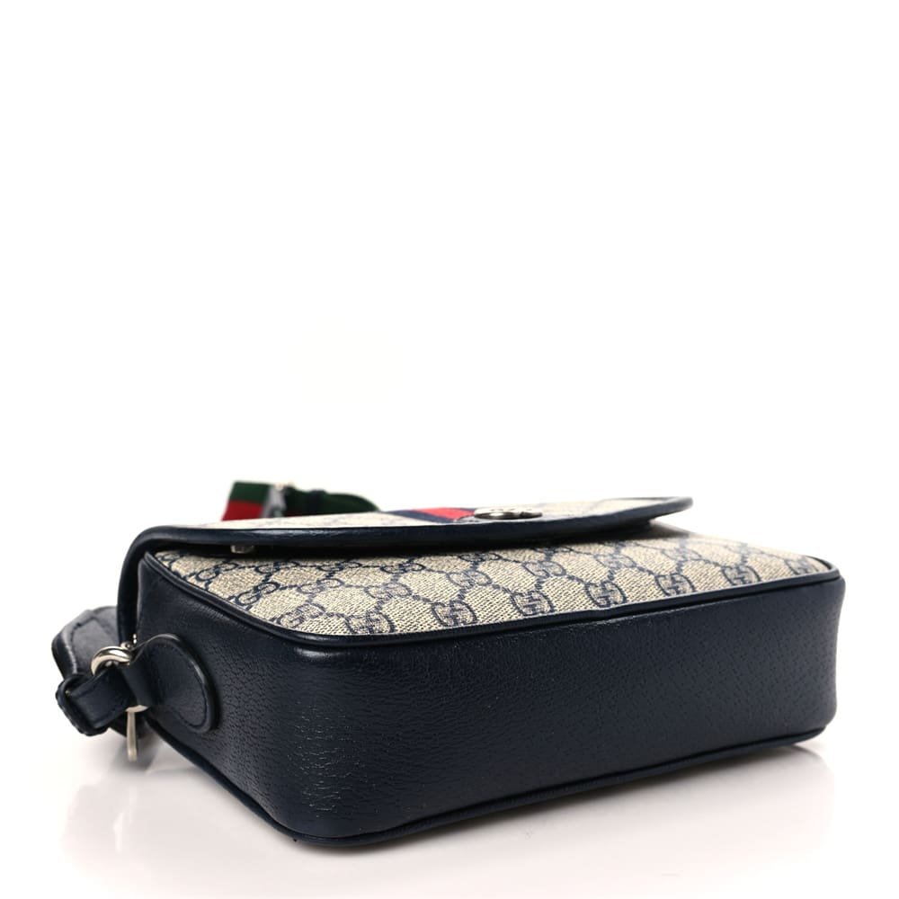 Gucci Supreme Monogram Textured Dollar Calfskin Web Studded Mini Ophidia Flap Shoulder Bag Beige Blue