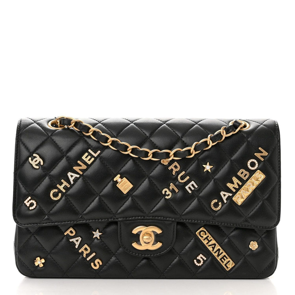 Chanel Lambskin Quilted Medium Rue Cambon Charms Double Flap Black