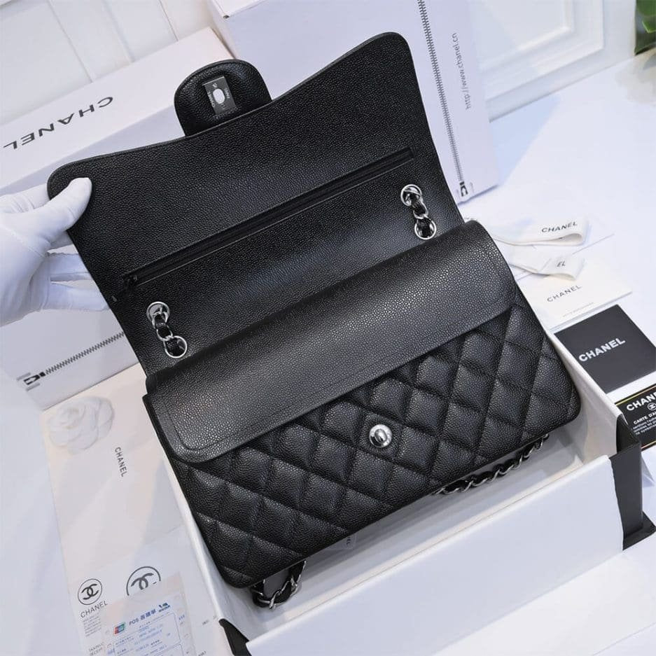 CHANEL LARGE CLASSIC HANDBAG Grained Calfskin & Silver Metal