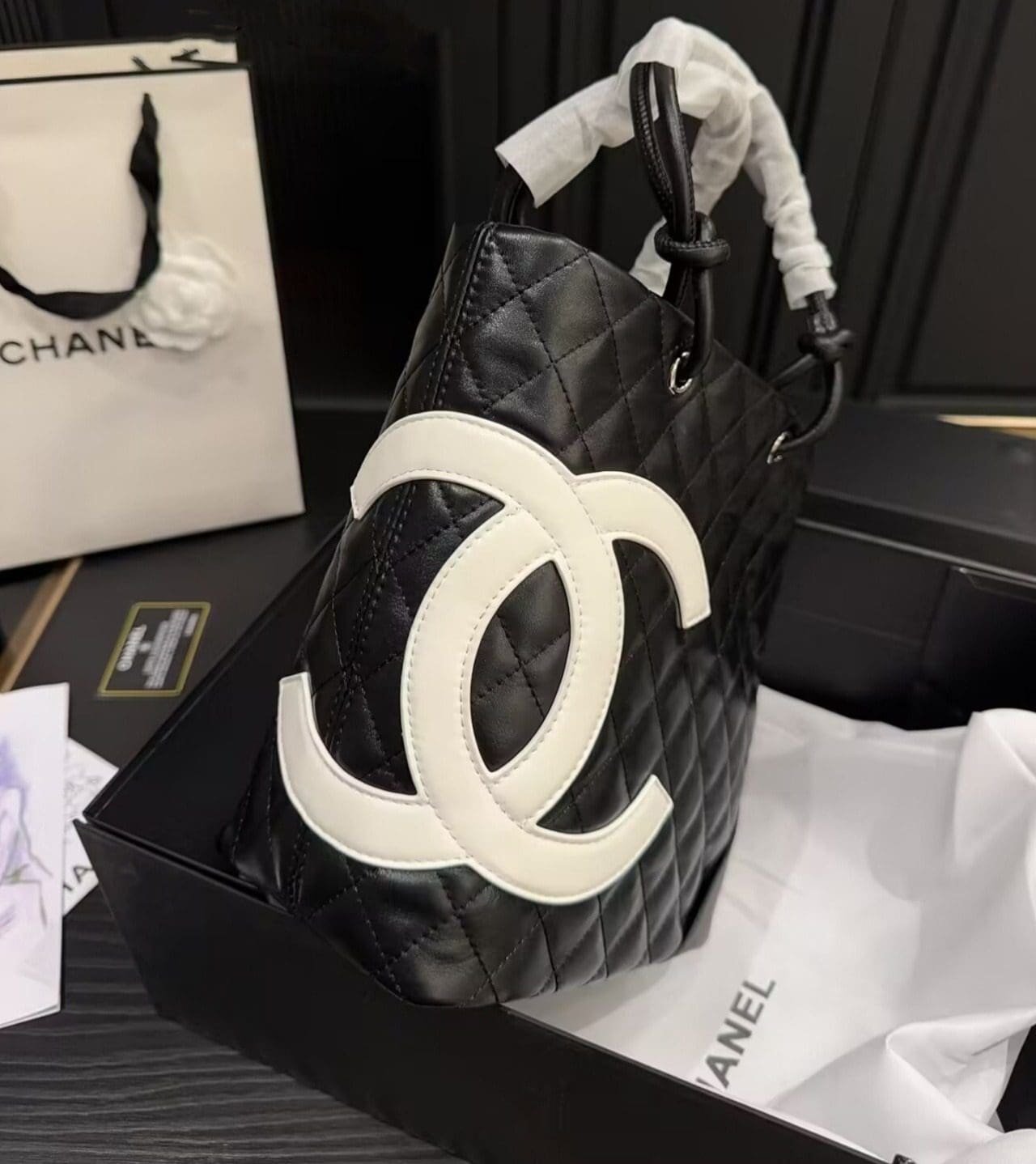 Chanel Black Quilted Lambskin Leather Medium Cambon Tote