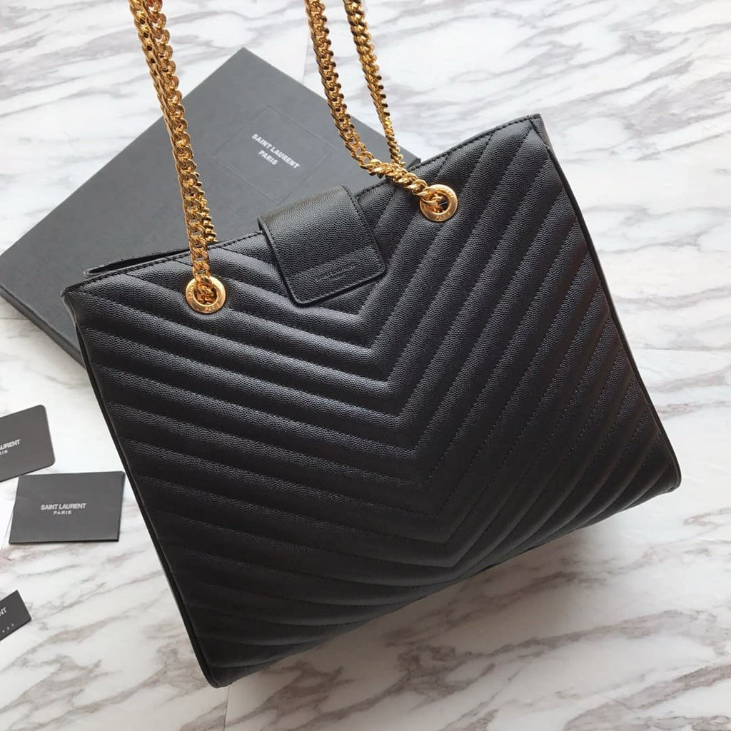 Saint Laurent Black Chevron Leather Monogram Chain Cassandre Tote