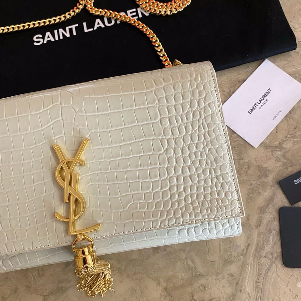 Saint Laurent KATE SMALL TASSEL IN CROCODILE-EMBOSSED LEATHER