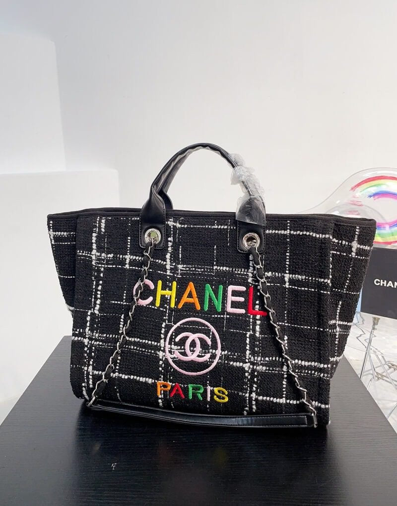 Chanel Rainbow Black Tweed Deauville Tote Black