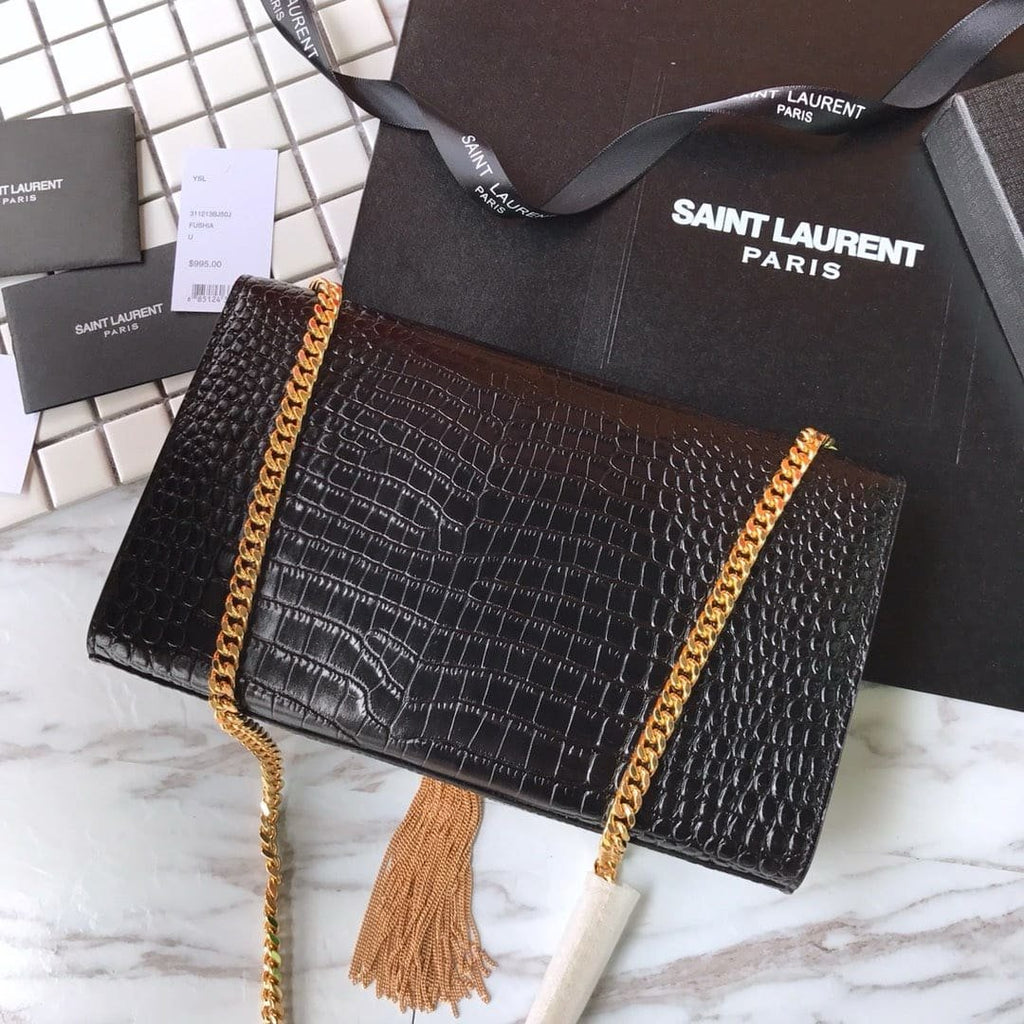 Saint Laurent Medium Kate Tassel Chain Bag In Black Crocodile Em