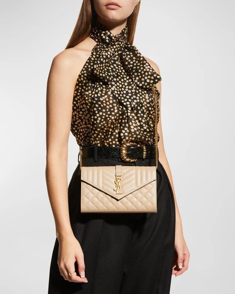 Saint Laurent Envelope Triquilt YSL Wallet on Chain in Grained Leather