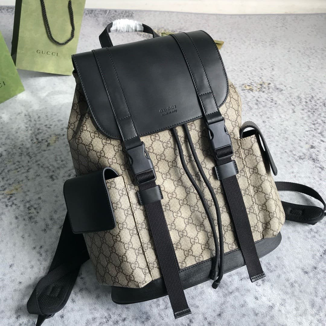 GUCCI Supreme Monogram Double Buckle Backpack Beige Black