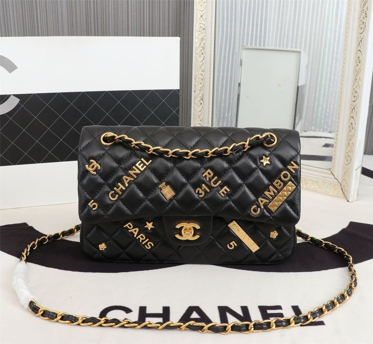 Chanel Lambskin Quilted Medium Rue Cambon Charms Double Flap Black