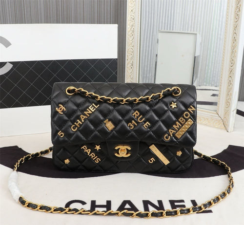 Chanel Lambskin Quilted Medium Rue Cambon Charms Double Flap Black
