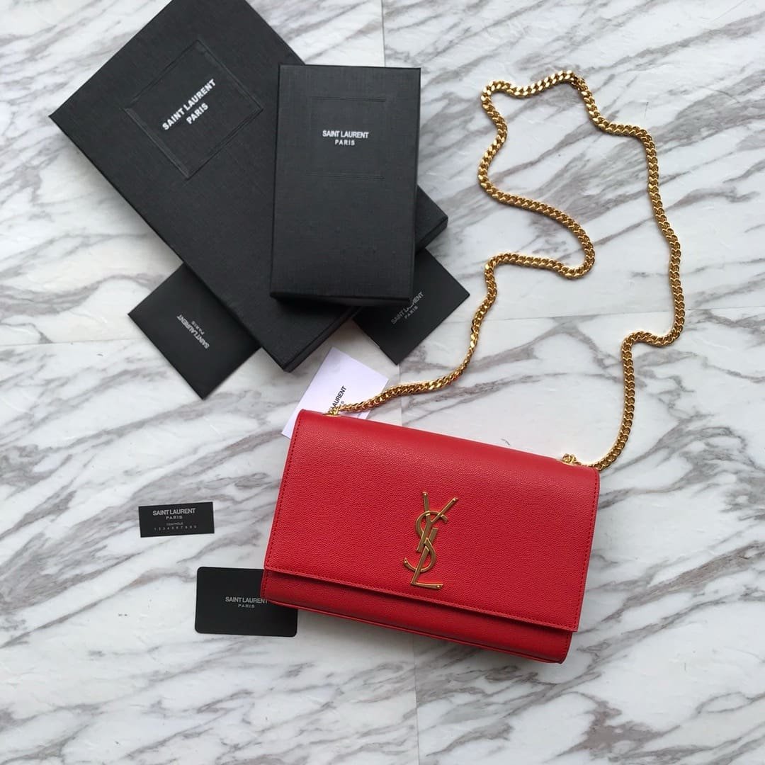 Saint Laurent Red Grained Leather Monogram Medium Kate Flap Bag