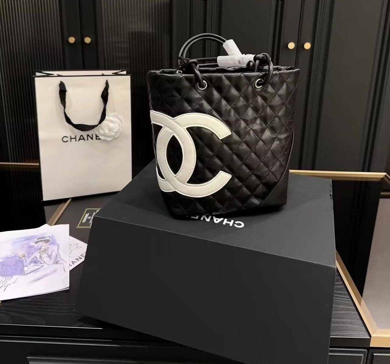 Chanel Black Quilted Lambskin Leather Medium Cambon Tote