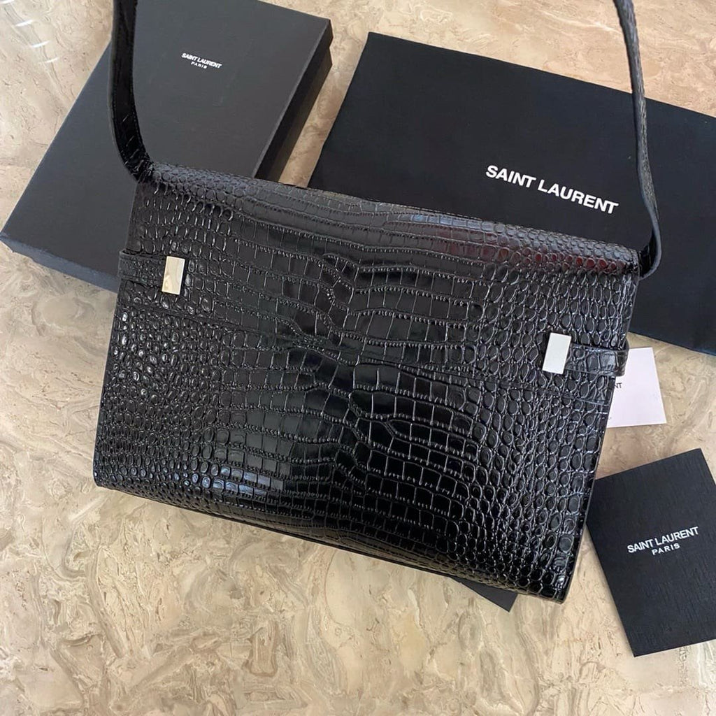 Saint Laurent Black Manhattan croc-effect shoulder bag