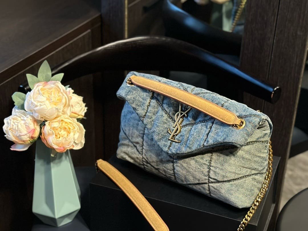 SAINT LAURENT PUFFER SMALL IN SUEDE AND DENIM